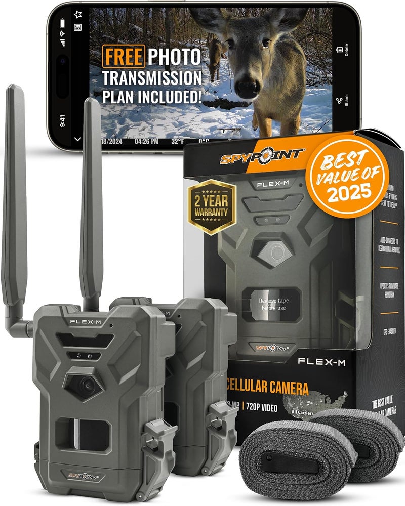 Spypoint Flex-M Twin Pack Cellular Trail Cameras - Best Hunting Accessories, No WiFi Needed, GPS, Night Vision, Dual-Sim LTE, IP65 Water-Resistant Game Camera, 28MP Photos, 720p Videos + Sound (2) - Image 1